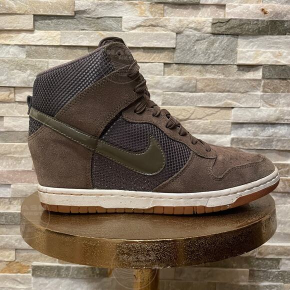 Nike Dunk Sky Hi Wedge 10 | Olive Brown Suede Mesh Sneaker 579763-300 - Picture 2 of 9